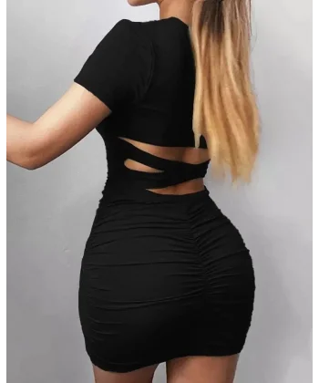 Kadın Kısa Kollu Bel çapraz Detay Dekolteli Eteği Büzgülü Sandy Mini Elbise