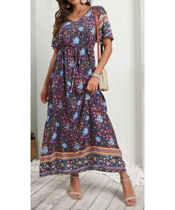 Kadın Kısa Kollu Beli Lastikli çiçek Desen Tam Boy Elbise
