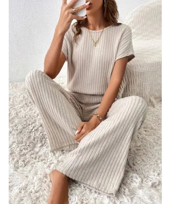 Kadın Kısa Kollu Beli Lastikli Kalın Fitilli Kaşkorse Salaş Tulum