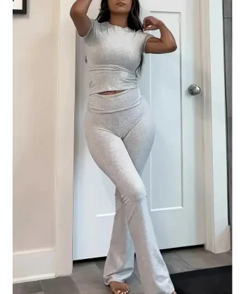 Kadın Kısa Kollu Bisiklet Yaka Alt Ispanyol Paça Viskon Ikili Takım