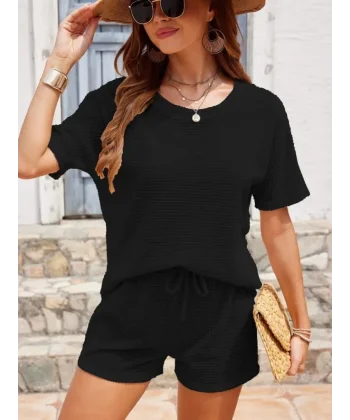 Kadın Kısa Kollu Bisiklet Yaka Alt Ve üst Waffle Ikili Takım