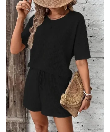 Kadın Kısa Kollu Bisiklet Yaka Alt Ve üst Waffle Ikili Takım