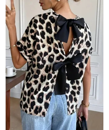 Kadın Kısa Kollu Bisiklet Yaka Arkadan Fiyonk Detaylı Leopar Süprem Bluz