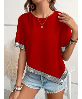 Kadın Kısa Kollu Bisiklet Yaka Asimetrik Kesim Detaylı Pul Payetli Krep Bluz