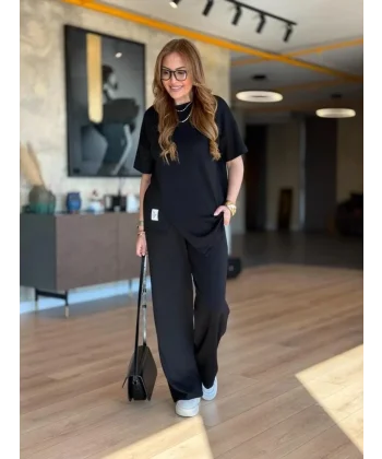 Kadın Kısa Kollu Bisiklet Yaka Asimetrik Viskon Iki Iplik Bluz Ve Pantolon Ikili Takım