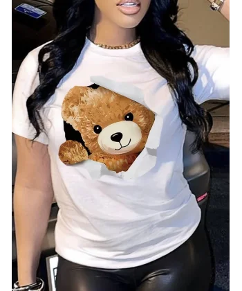 Kadın Kısa Kollu Bisiklet Yaka Ayıcık Baskılı Bluz