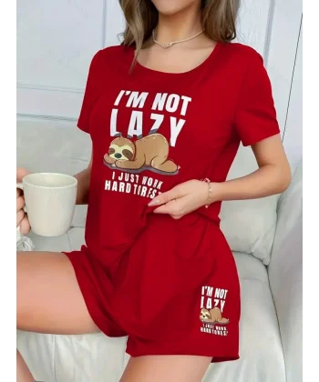 Kadın Kısa Kollu Bisiklet Yaka Baskılı Viskon Bluz Ve şort Ikili Takım