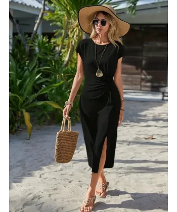 Kadın Kısa Kollu Bisiklet Yaka Belden Büzgülü Yırtmaç Detay Viskon Midi Elbise