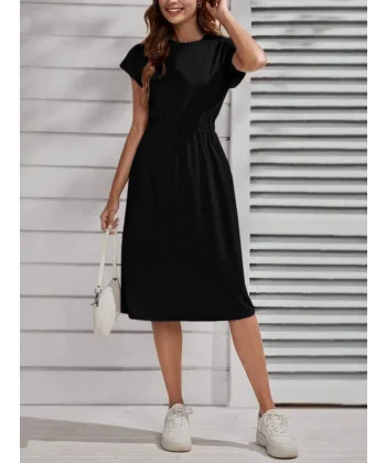 Kadın Kısa Kollu Bisiklet Yaka Belden Lastikli Midi Viskon Elbise