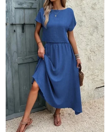 Kadın Kısa Kollu Bisiklet Yaka Bluz Etekli Ithal Keten Ikili Takım