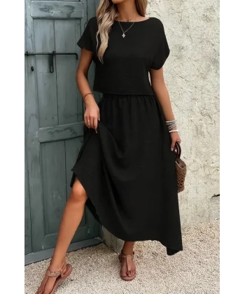 Kadın Kısa Kollu Bisiklet Yaka Bluz Etekli Ithal Keten Ikili Takım