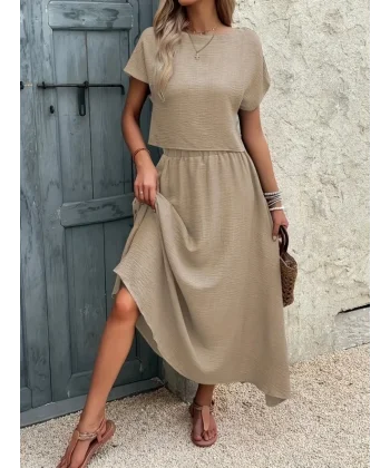 Kadın Kısa Kollu Bisiklet Yaka Bluz Etekli Ithal Keten Ikili Takım