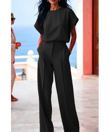 Kadın Kısa Kollu Bisiklet Yaka Bluz Yüksek Bel Cep Detaylı Pantolon Atlas Ikili Takım