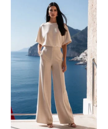 Kadın Kısa Kollu Bisiklet Yaka Bluz Yüksek Bel Cep Detaylı Pantolon Atlas Ikili Takım