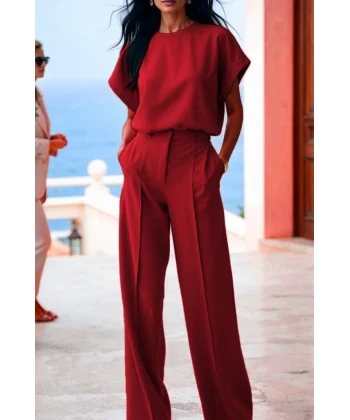 Kadın Kısa Kollu Bisiklet Yaka Bluz Yüksek Bel Cep Detaylı Pantolon Atlas Ikili Takım