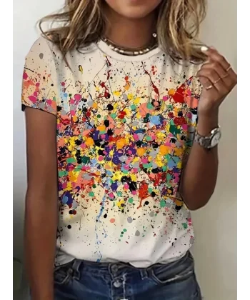 Kadın Kısa Kollu Bisiklet Yaka Boya Baskılı Süprem Bluz