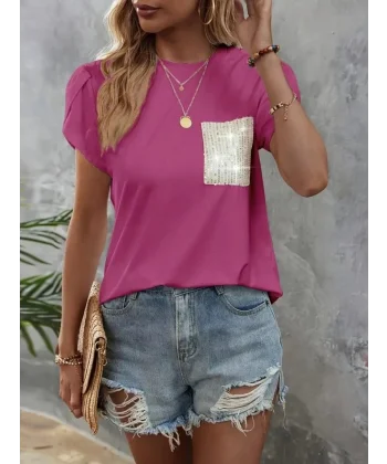 Kadın Kısa Kollu Bisiklet Yaka Cep Pul Payet Detay Viskon Bluz