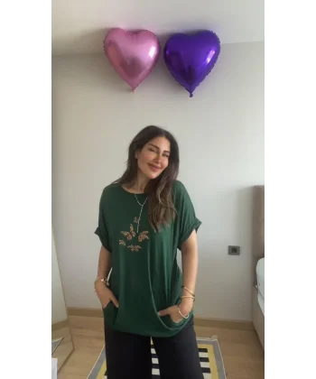 Kadın Kısa Kollu Bisiklet Yaka Cepli Kelebek Baskılı Viskon Elbise