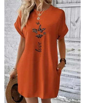 Kadın Kısa Kollu Bisiklet Yaka Cepli Kelebek Baskılı Viskon Elbise