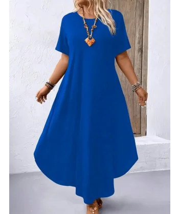 Kadın Kısa Kollu Bisiklet Yaka Cepli Salaş Viskon Elbise