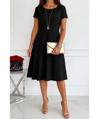 Kadın Kısa Kollu Bisiklet Yaka Cepli Viskon Iki Iplik Elbise