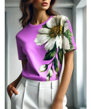 Kadın Kısa Kollu Bisiklet Yaka çiçek Baskılı Süprem Bluz