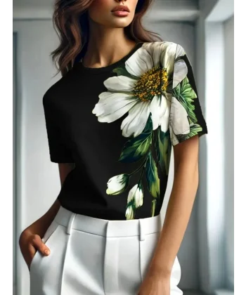 Kadın Kısa Kollu Bisiklet Yaka çiçek Baskılı Süprem Bluz