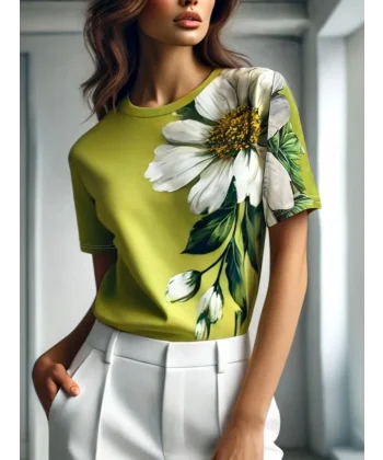 Kadın Kısa Kollu Bisiklet Yaka çiçek Baskılı Süprem Bluz