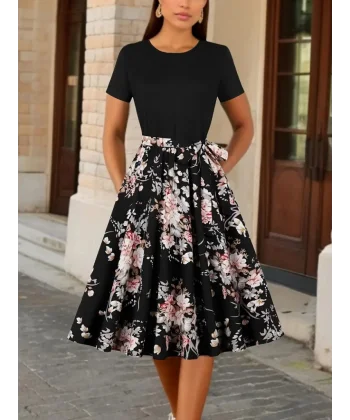 Kadın Kısa Kollu Bisiklet Yaka çiçek Desenli üst Viskon Alt Süprem Kısa Elbise