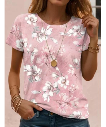 Kadın Kısa Kollu Bisiklet Yaka çiçek Desenli Viskon Bluz