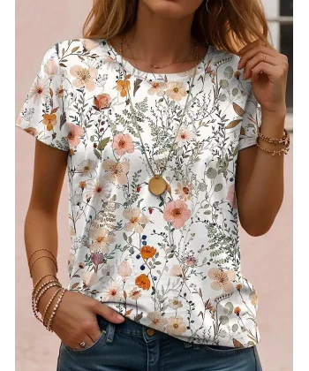 Kadın Kısa Kollu Bisiklet Yaka çiçek Desenli Viskon Bluz