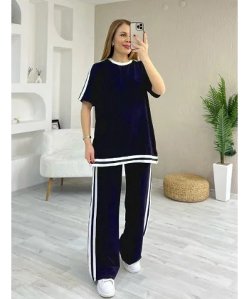 Kadın Kısa Kollu Bisiklet Yaka çift Renk şerit Detaylı Viskon Iki Iplik Bluz Ve Pantolon Ikili Takım