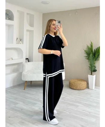 Kadın Kısa Kollu Bisiklet Yaka çift Renk şerit Detaylı Viskon Iki Iplik Bluz Ve Pantolon Ikili Takım