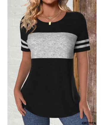 Kadın Kısa Kollu Bisiklet Yaka çift Renkli Viskon Bluz