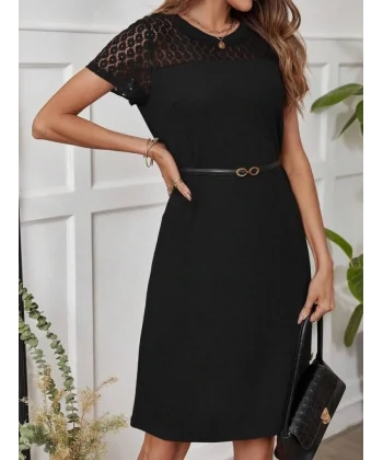 Kadın Kısa Kollu Bisiklet Yaka Dantel Detaylı Düğmeli Modal Elbise