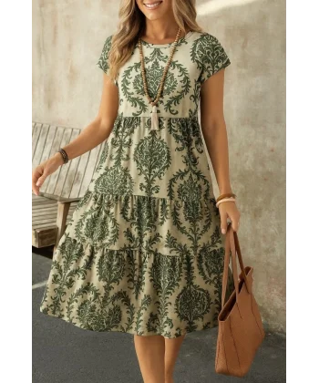 Kadın Kısa Kollu Bisiklet Yaka Desenli Fırfırlı Süprem Elbise