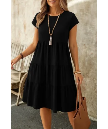 Kadın Kısa Kollu Bisiklet Yaka Desenli Fırfırlı Süprem Elbise