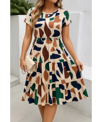 Kadın Kısa Kollu Bisiklet Yaka Desenli Fırfırlı Süprem Elbise