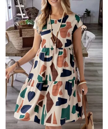 Kadın Kısa Kollu Bisiklet Yaka Desenli Fırfırlı Süprem Elbise