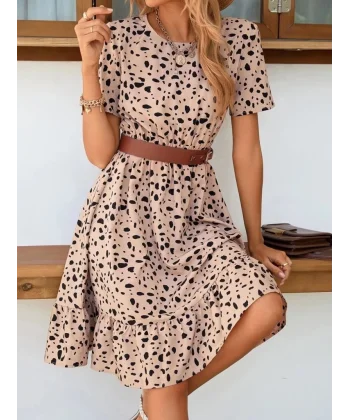 Kadın Kısa Kollu Bisiklet Yaka Desenli Süprem Elbise