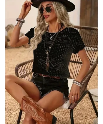 Kadın Kısa Kollu Bisiklet Yaka Desenli Triko Bluz