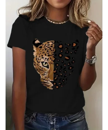 Kadın Kısa Kollu Bisiklet Yaka Desenli Viskon Bluz