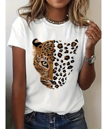 Kadın Kısa Kollu Bisiklet Yaka Desenli Viskon Bluz