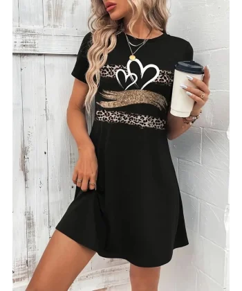 Kadın Kısa Kollu Bisiklet Yaka Desenli Viskon Elbise