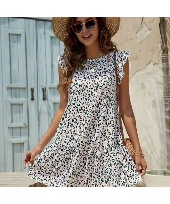 Kadın Kısa Kollu Bisiklet Yaka Etek Ucu Volanlı Kısa Dokuma Elbise