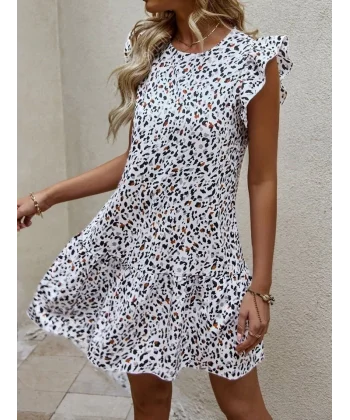 Kadın Kısa Kollu Bisiklet Yaka Etek Ucu Volanlı Kısa Dokuma Elbise