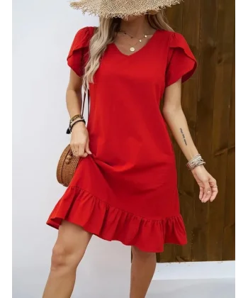 Kadın Kısa Kollu Bisiklet Yaka Fırfırlı Aerobin Elbise