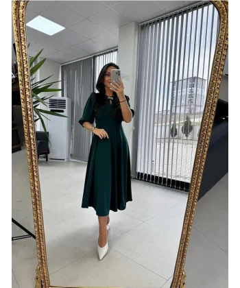 Kadın Kısa Kollu Bisiklet Yaka Fiyonk Broşlu Midi Janjan Krep Elbise