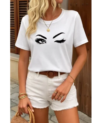 Kadın Kısa Kollu Bisiklet Yaka Göz Baskılı Süprem T-shirt