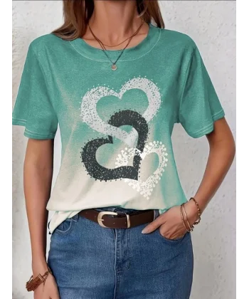 Kadın Kısa Kollu Bisiklet Yaka Kalp Baskılı Süprem Bluz